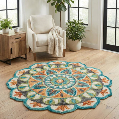 Bohemian Indoor Area Rug In Orange And Blue, 4' Round Durable Design