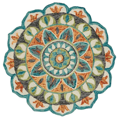 Bohemian Indoor Area Rug In Orange And Blue, 4' Round Durable Design