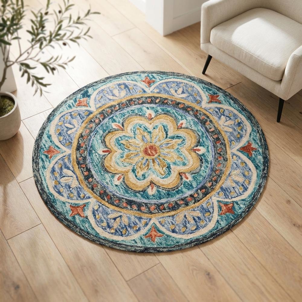 Blue Indoor Round Area Rug With Classic Style And Bright Colors