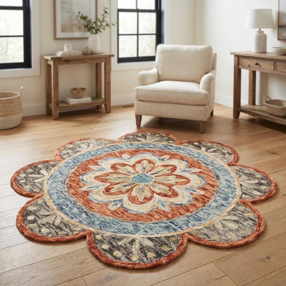 Orange Indoor Area Rug - 6' Round Classic Pattern For Living Room
