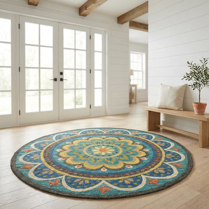 Blue Indoor Area Rug With Bohemian Design And Multicolored Pattern