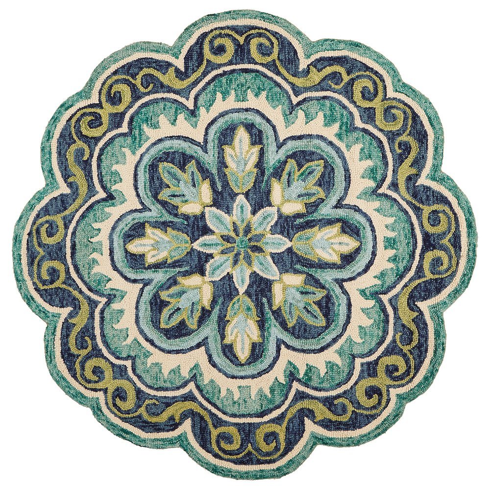 Bohemian Indoor Area Rug In Green And Blue, 5' Round, Casual Style