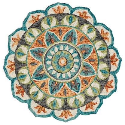 Bohemian Indoor Area Rug In Orange And Blue, 4' Round Durable Design