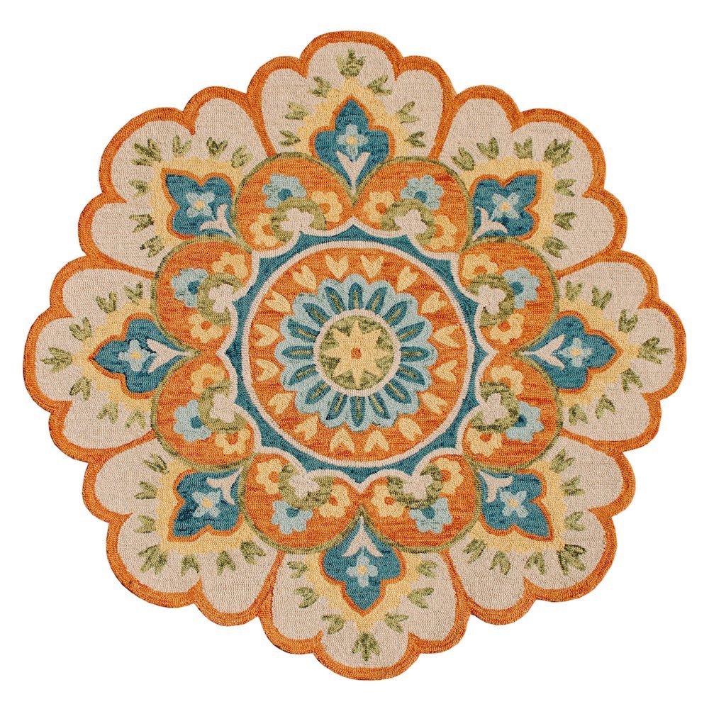 Bohemian Indoor Area Rug In Orange And Blue, Round Shape, Non-Slip Texture