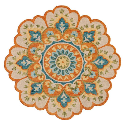Bohemian Indoor Area Rug In Orange And Blue, Round Shape, Non-Slip Texture