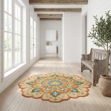 Bohemian Indoor Area Rug In Orange And Blue, Round Shape, Non-Slip Texture