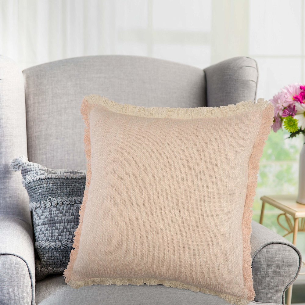 Unique Neutral Two-Tone Cotton Throw Pillow with Fringe