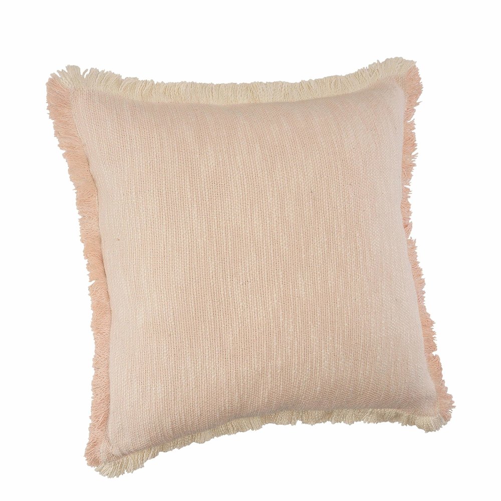 Unique Neutral Two-Tone Cotton Throw Pillow with Fringe