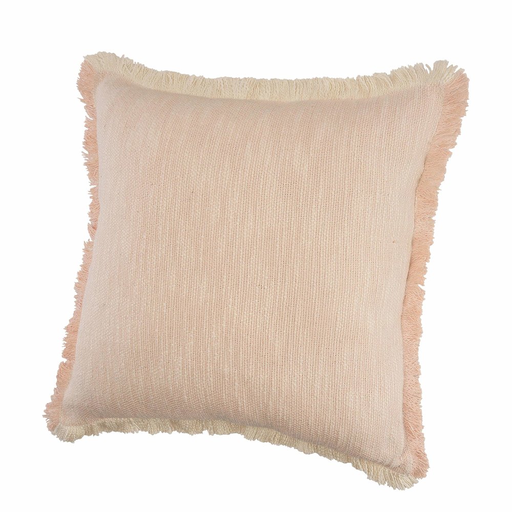 Unique Neutral Two-Tone Cotton Throw Pillow with Fringe
