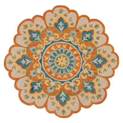 Bohemian Indoor Area Rug In Orange And Blue, Round Shape, Non-Slip Texture