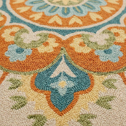 Bohemian Indoor Area Rug In Orange And Blue, Round Shape, Non-Slip Texture