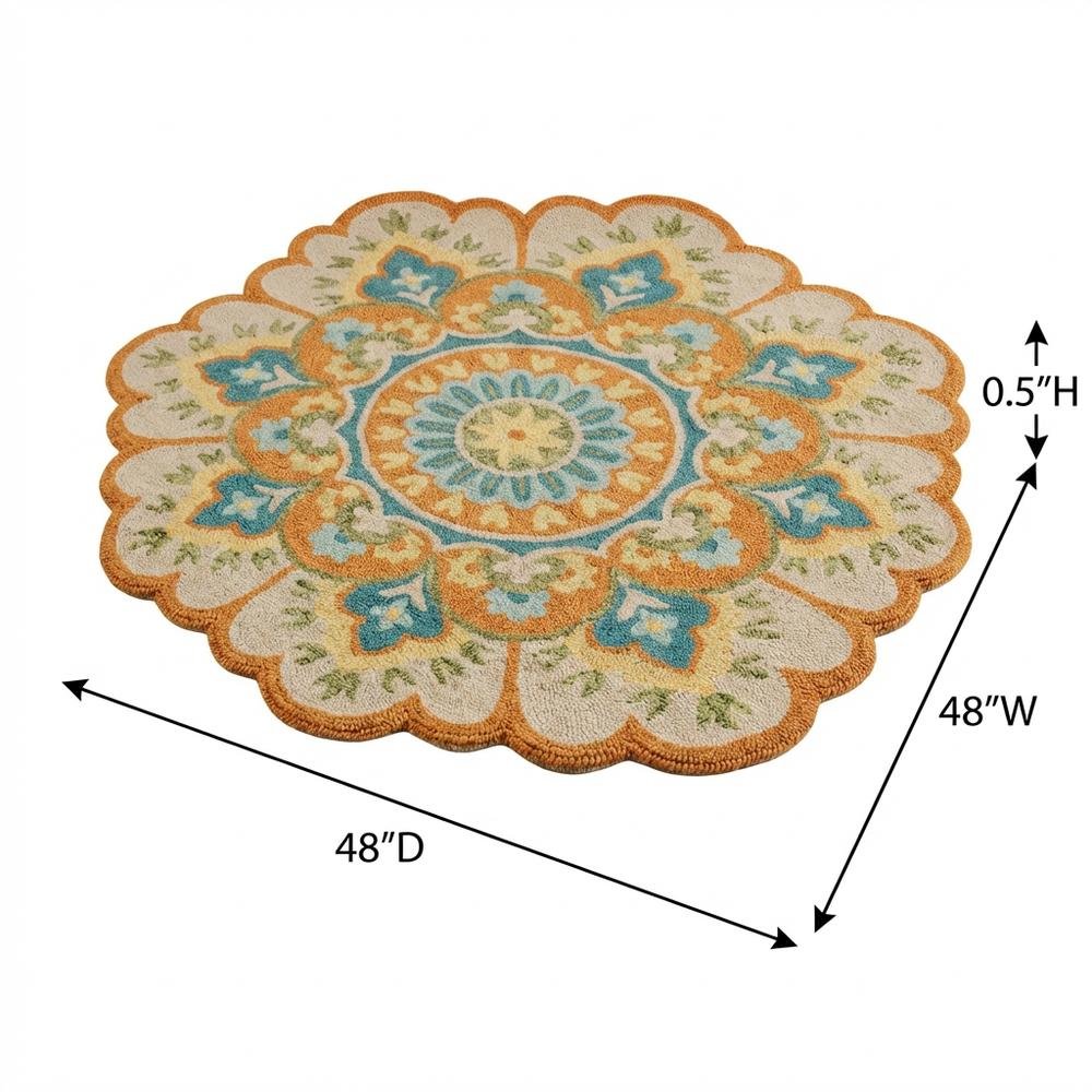 Bohemian Indoor Area Rug In Orange And Blue, Round Shape, Non-Slip Texture