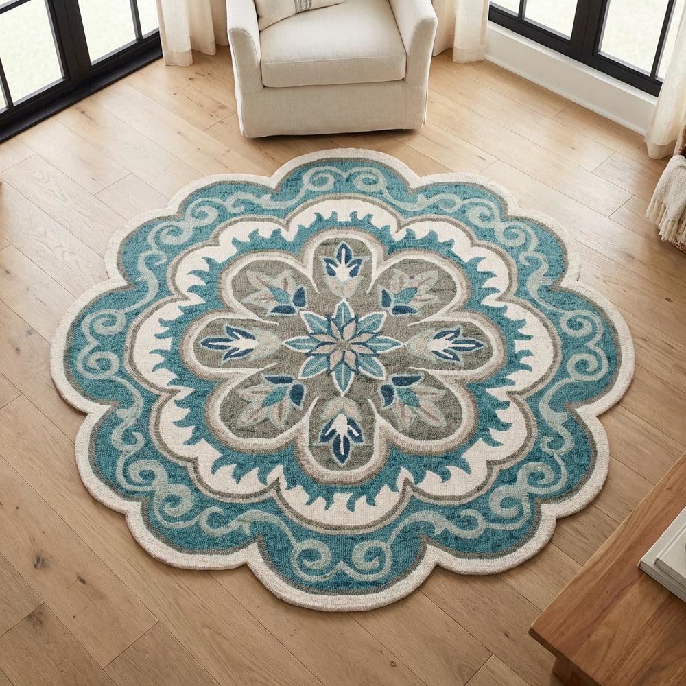 Blue Round Indoor Area Rug With Bohemian Style And Spot Clean Durability