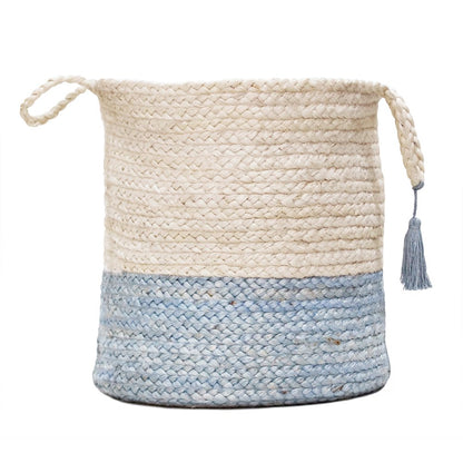 Baskets Jute Indoor Basket in White/Blue, 17" x 17" x 17"