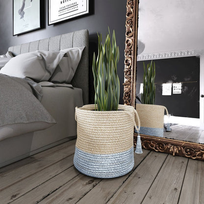 Baskets Jute Indoor Basket in White/Blue, 17" x 17" x 17"