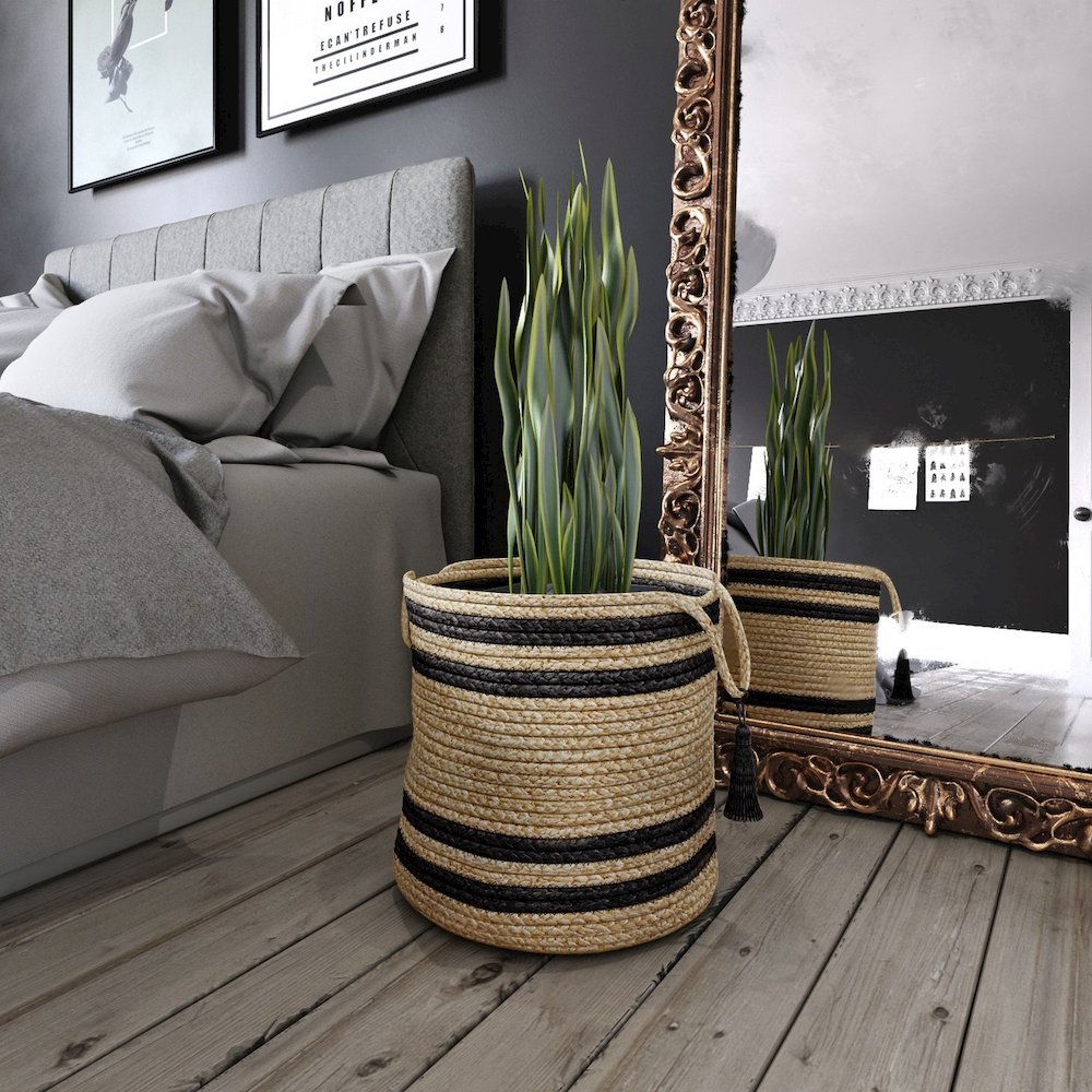 Baskets Jute Indoor Basket in Tan/Black,  19" x 19" x 19"