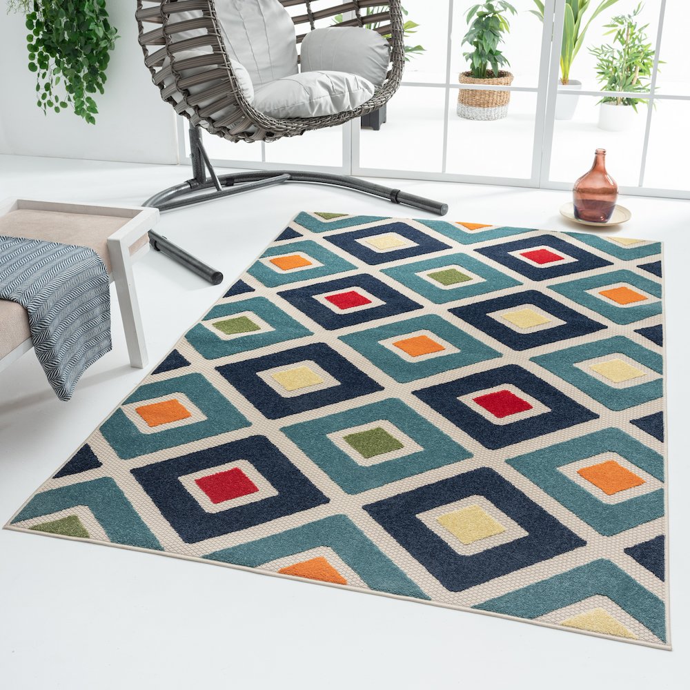 Durable Performance Area Rug Outdoor in Navy Blue/Multicolor, 3'6" x 5'6"