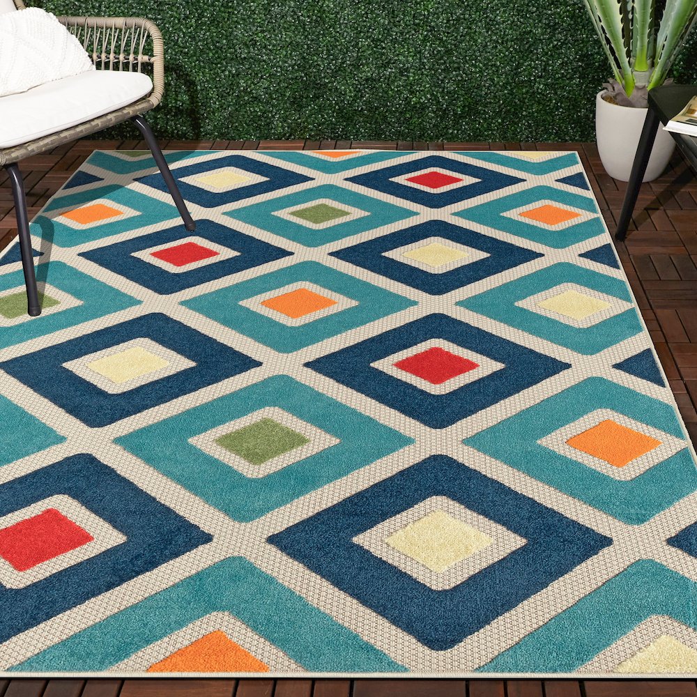 Durable Performance Area Rug Outdoor in Navy Blue/Multicolor, 3'6" x 5'6"