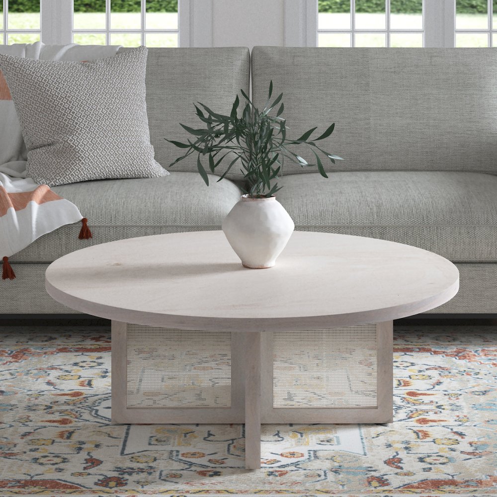 Wyeth Coffee Table White Wash Finish in White, 36" Diameter x 18" H