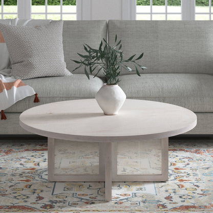 Wyeth Coffee Table White Wash Finish in White, 36" Diameter x 18" H