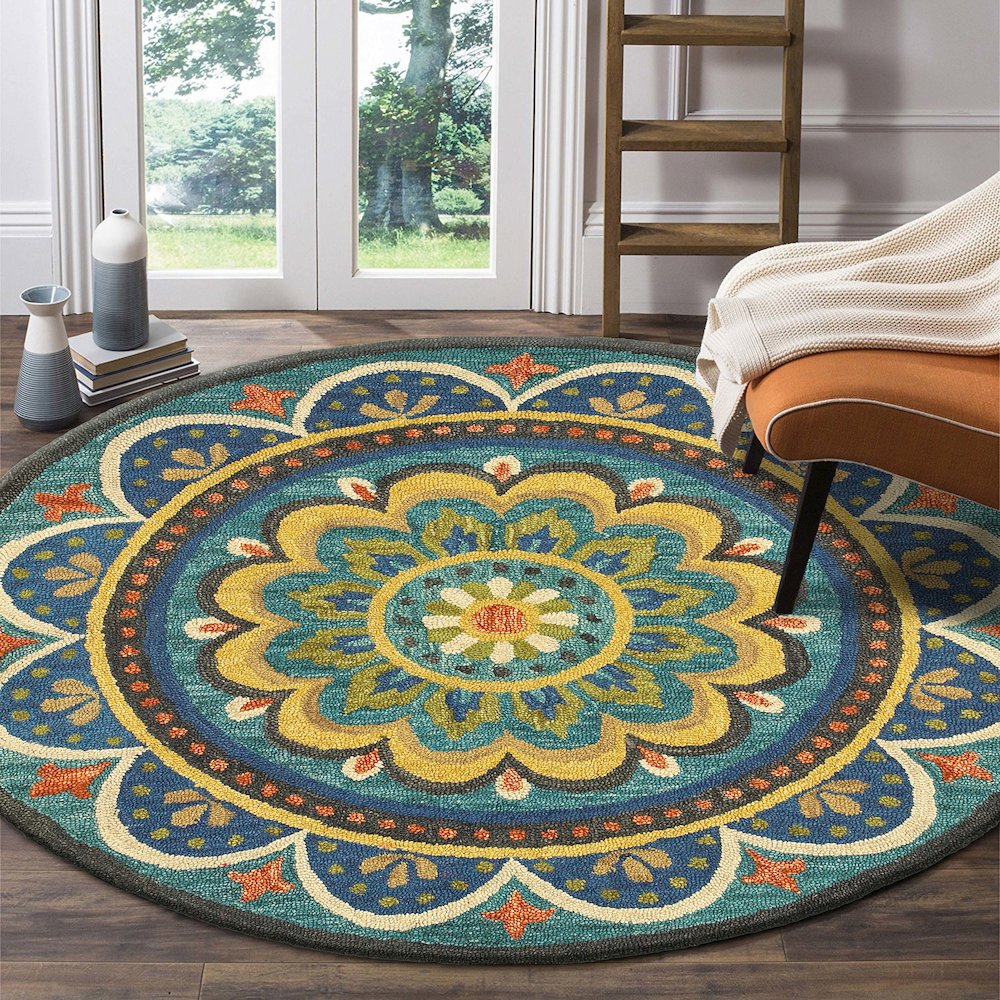 Dazzle Wool Area Rug Indoor in Blue/Multicolored, 4' Round