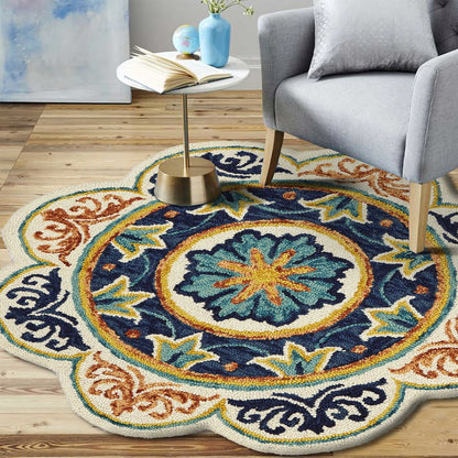 Dazzle Wool Area Rug Indoor in Blue/Ivory, 6' Round