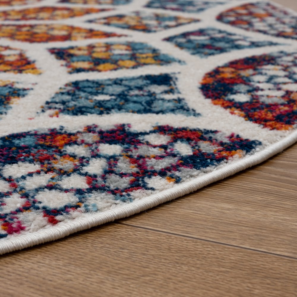Kismet Durable Performance Area Rug Indoor in Ivory/Blue, 4'4" Round