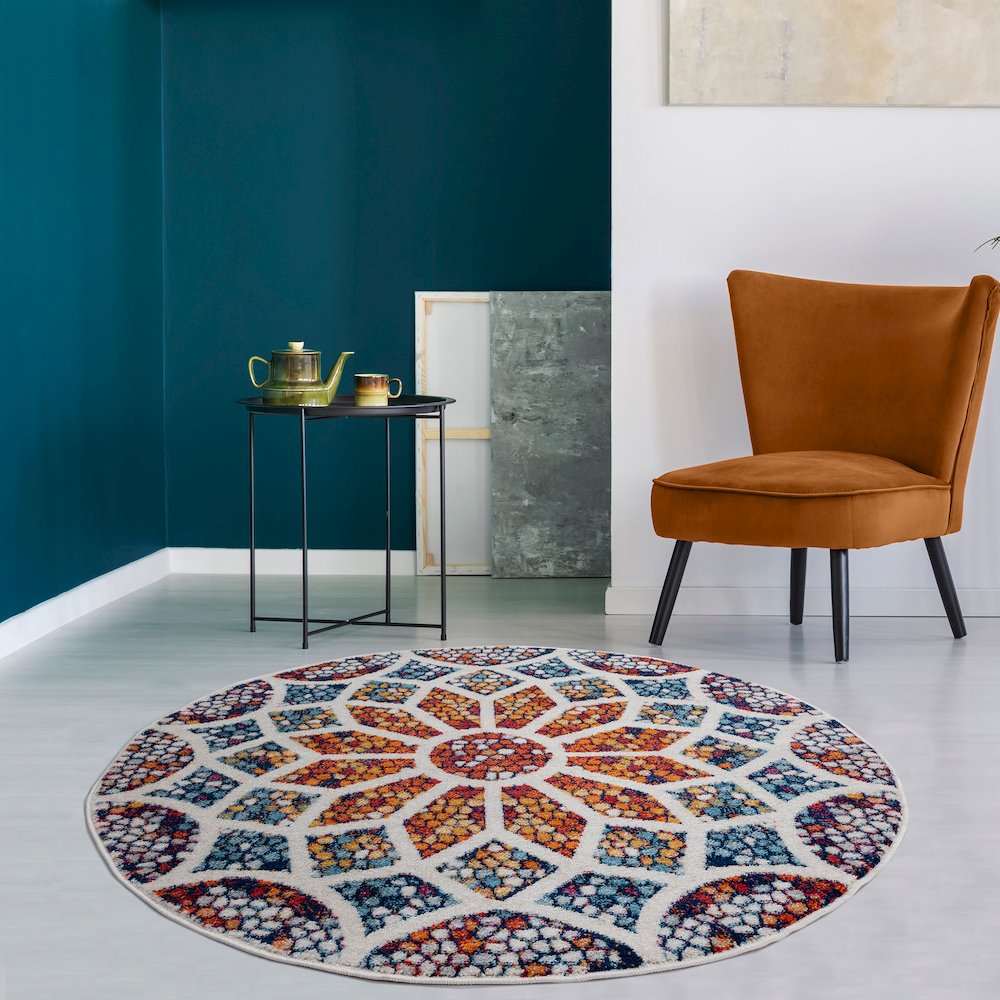 Kismet Durable Performance Area Rug Indoor in Ivory/Blue, 4'4" Round