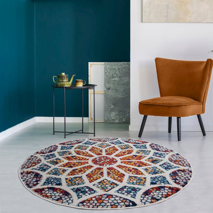 Kismet Durable Performance Area Rug Indoor in Ivory/Blue, 4'4" Round