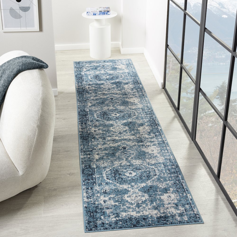 Lanham Durable Performance Area Rug Indoor in Blue/Ivory, 2' x 8'
