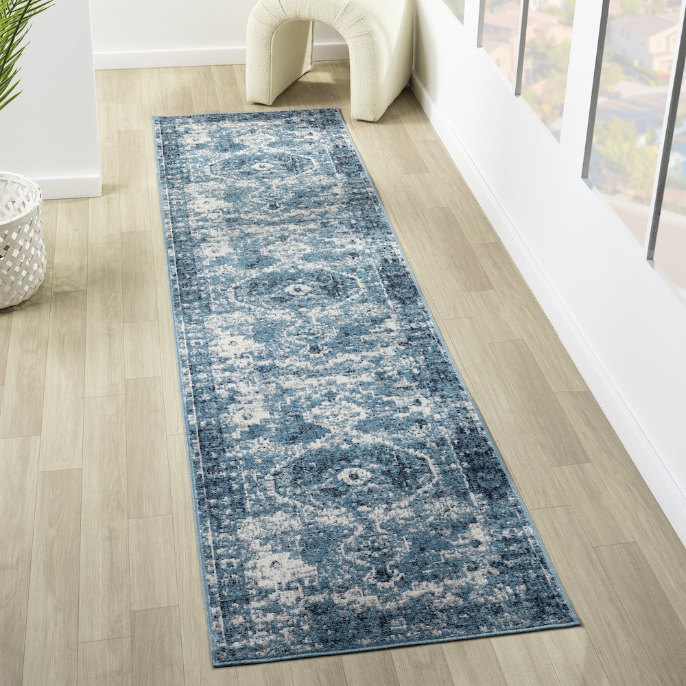 Lanham Durable Performance Area Rug Indoor in Blue/Ivory, 2' x 8'