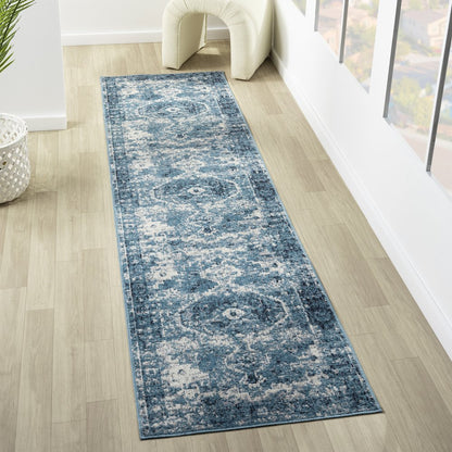 Lanham Durable Performance Area Rug Indoor in Blue/Ivory, 2' x 8'