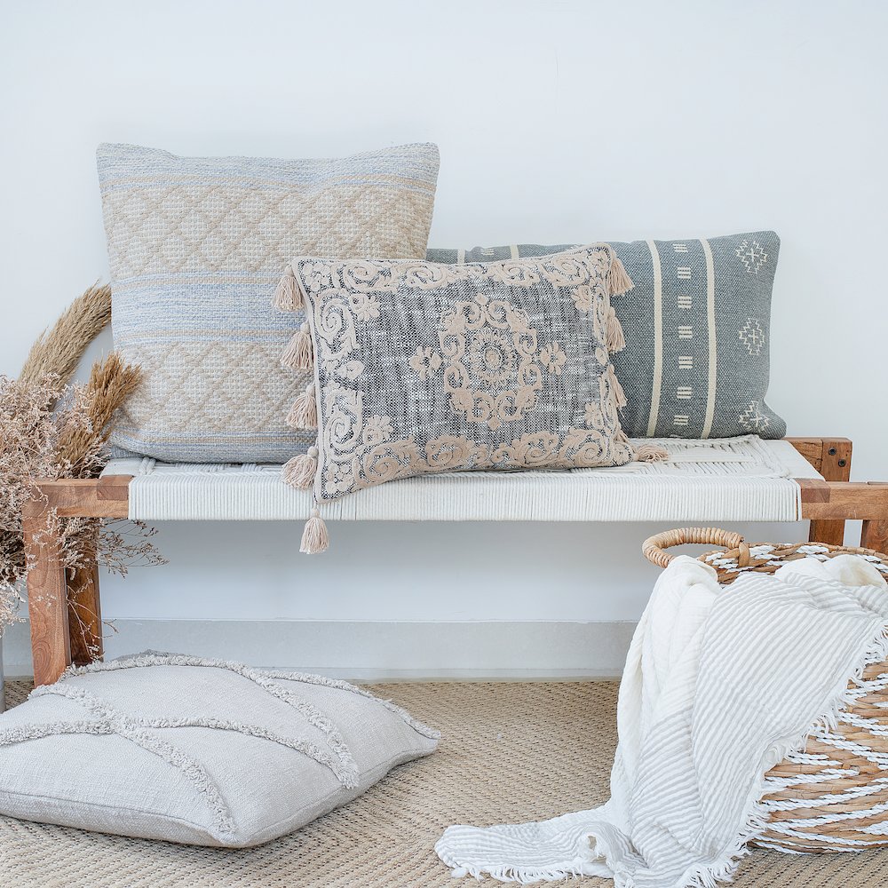 Medallion and Bordered Gray and Ivory Throw Pillow