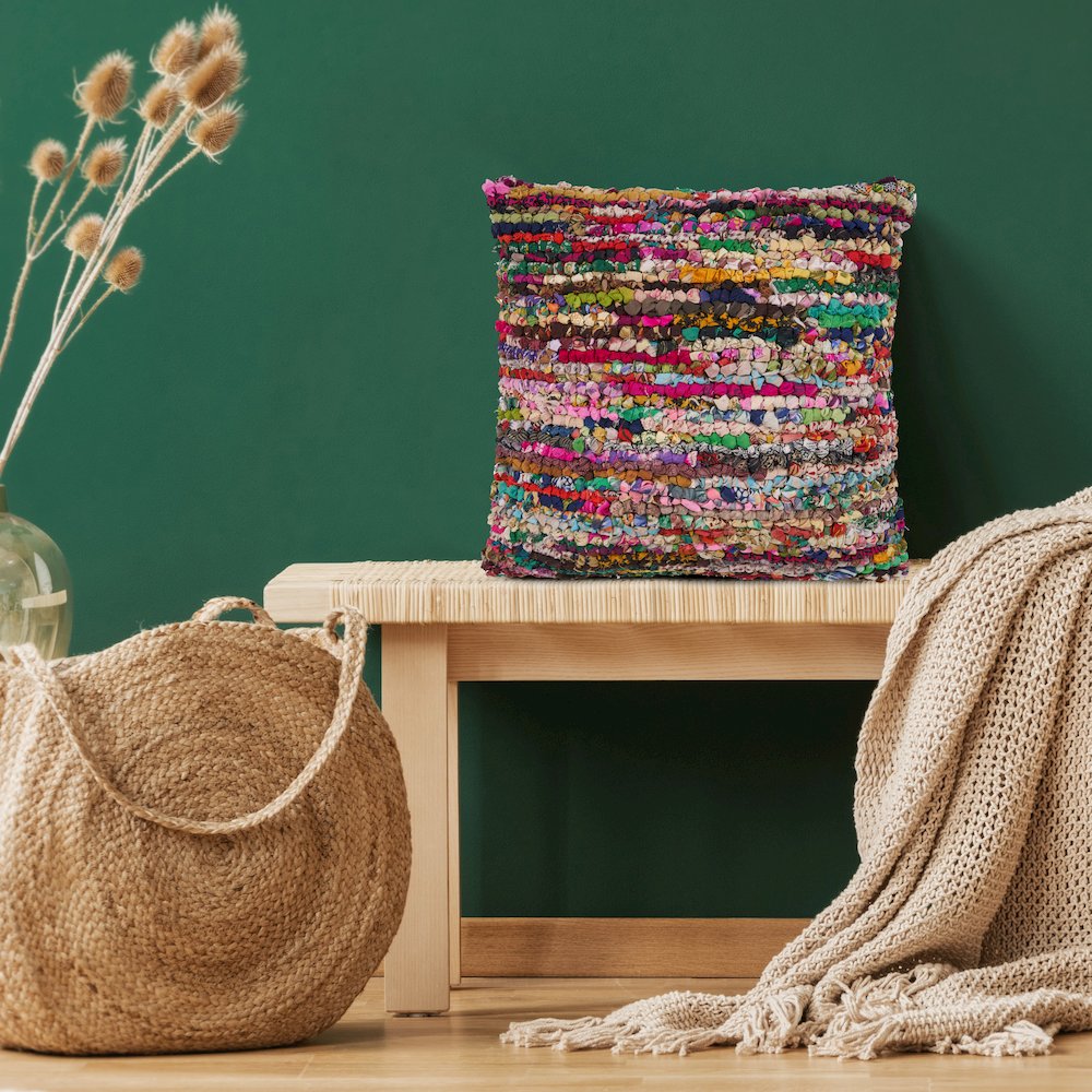 Ox Bay Hand-Woven Red/Multicolored Abstract Recycled Materials Pillow Cover