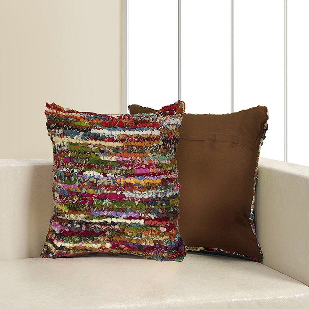 Ox Bay Hand-Woven Red/Multicolored Abstract Recycled Materials Pillow Cover