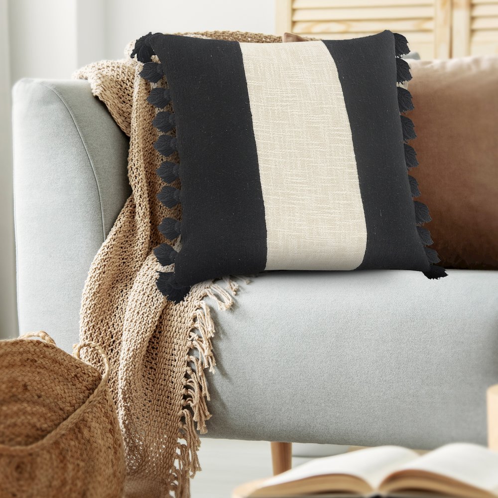 Tri-Stripe Black and Ivory Fringe Pillow
