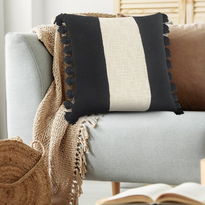 Tri-Stripe Black and Ivory Fringe Pillow