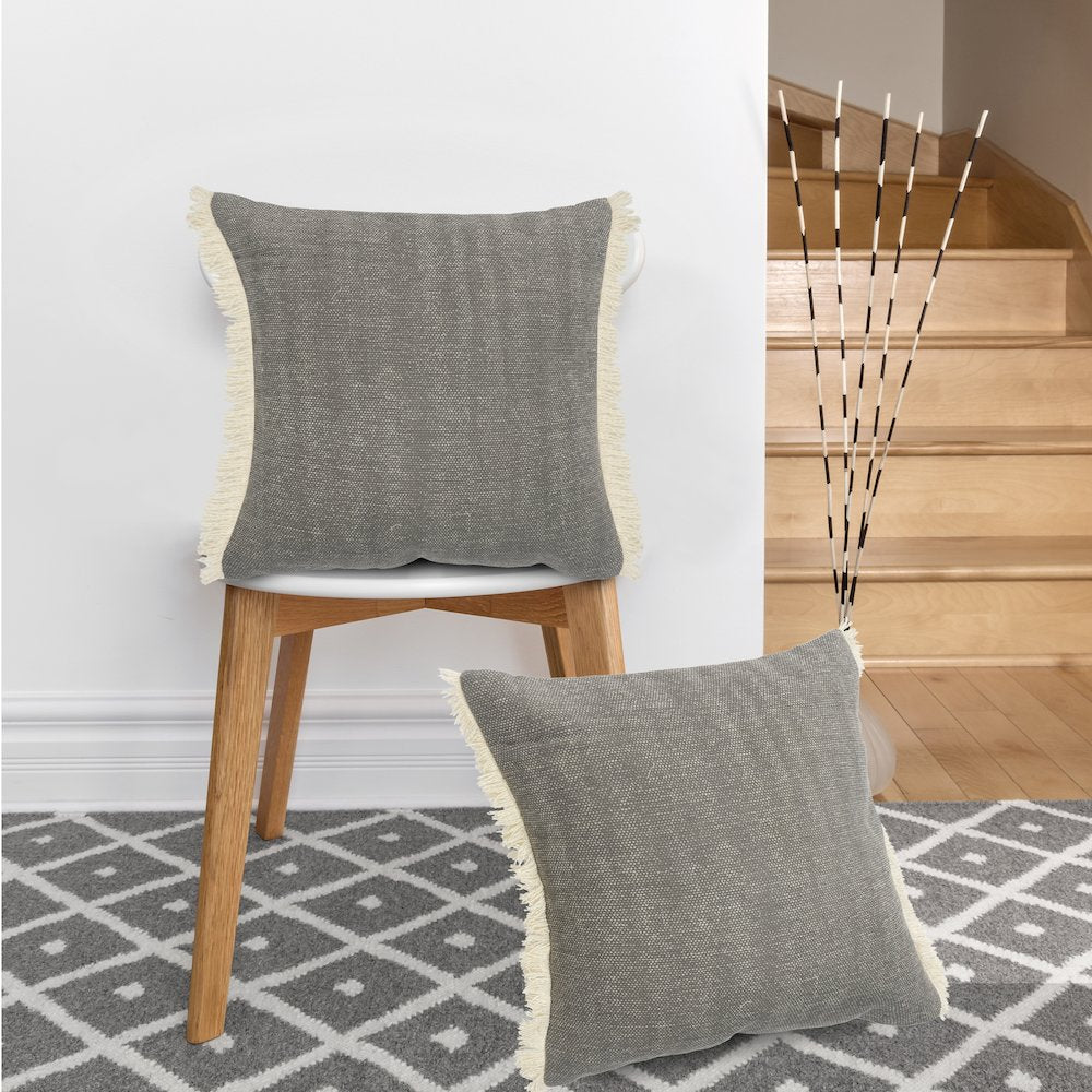Charcoal Gray Solid Fringed Throw Pillow