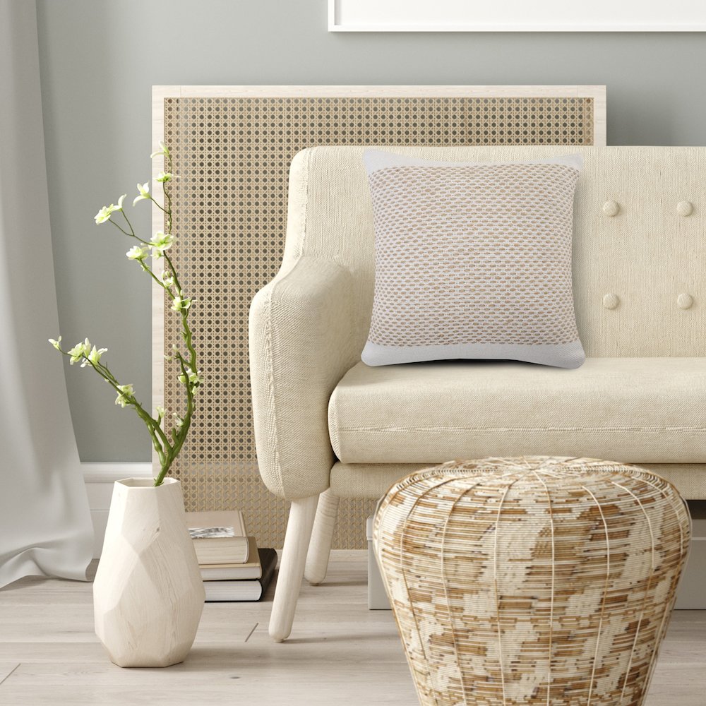 Ivory and Jute Interwoven Bordered Throw Pillow