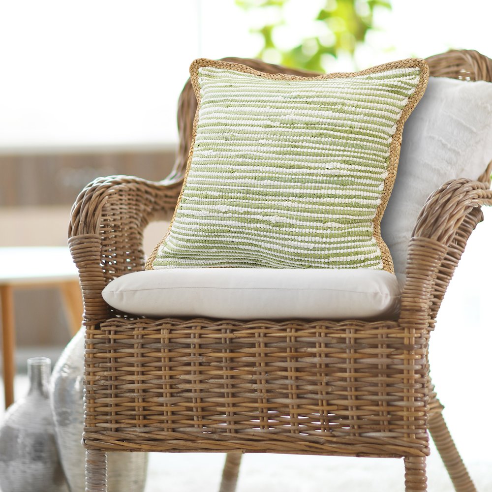 Sweet Pea Green and White Striped Jute Bordered Throw Pillow