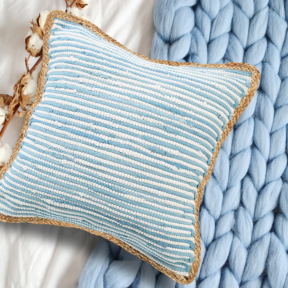 Bright Blue and White Striped Jute Bordered Throw Pillow