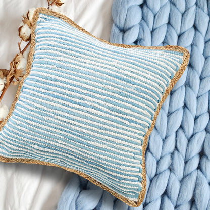 Bright Blue and White Striped Jute Bordered Throw Pillow