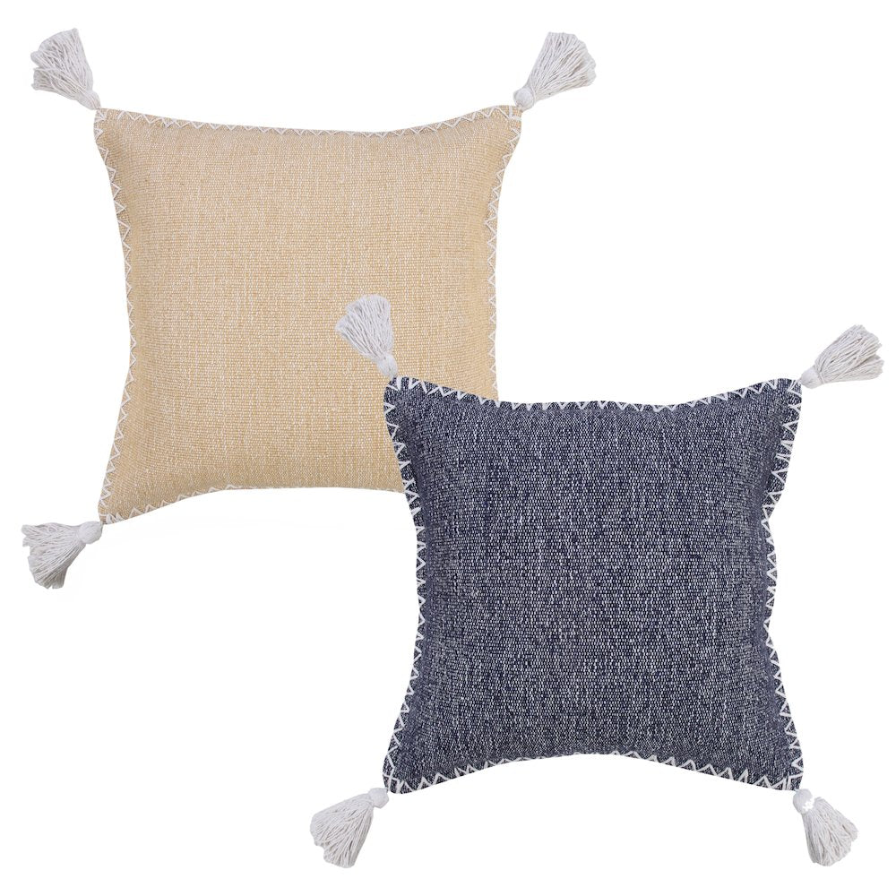 Solid Stonewash Boho Farmhouse Embroidered Edge Throw Pillow with Tassels