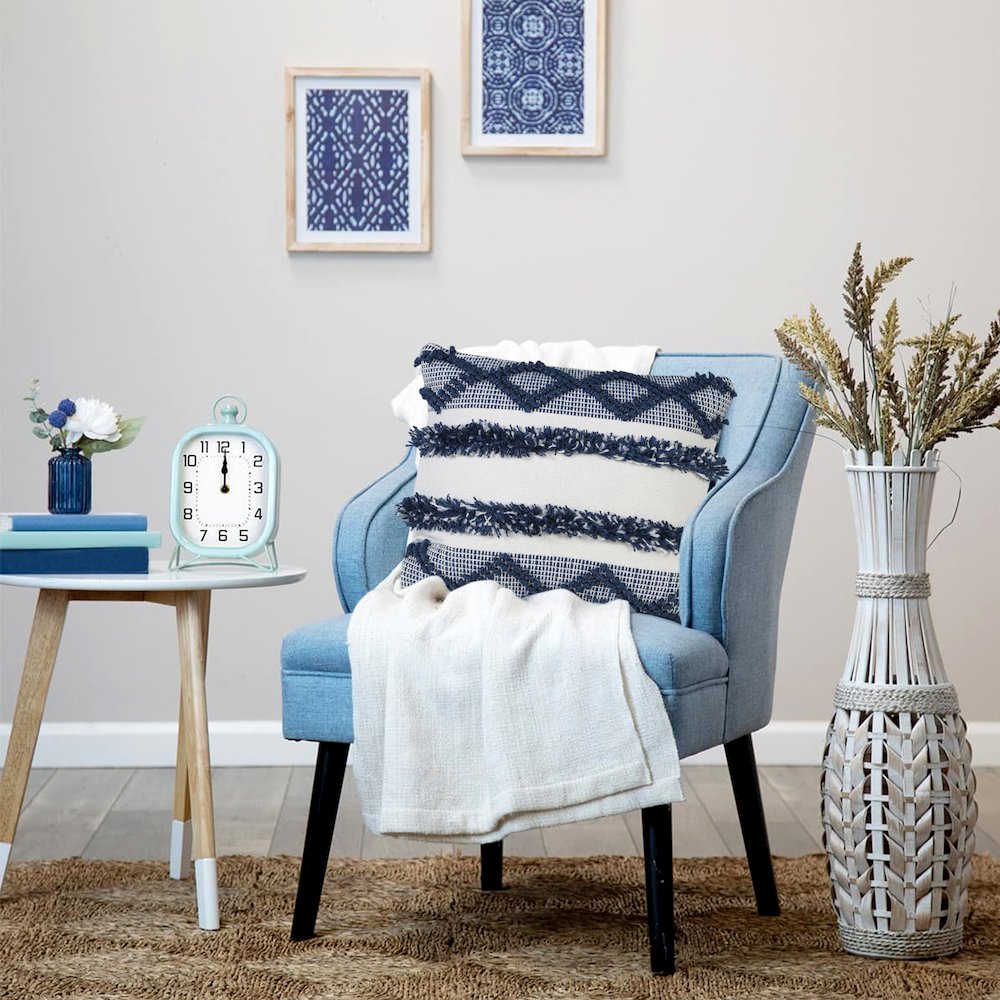 Ox Bay Hand-Woven Blue/White Stripe Resistant Polyester Pillow Cover
