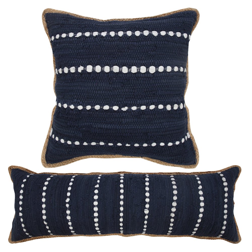 Navy Blue and White Striped Jute Bordered Lumbar Throw Pillow