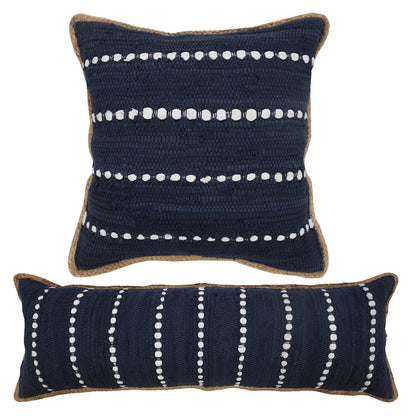Navy Blue and White Striped Jute Bordered Lumbar Throw Pillow