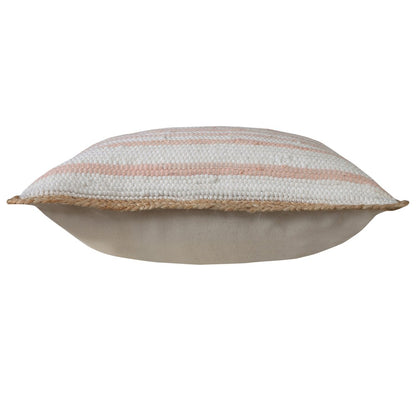Coral Pink and White Striped Jute Bordered Throw Pillow