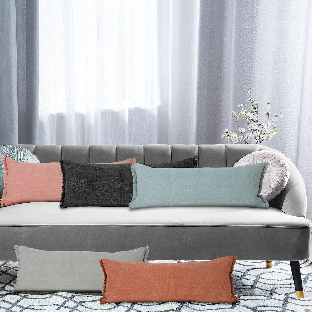 Light Blue Solid Stonewash Lumbar Throw Pillow with Fringe