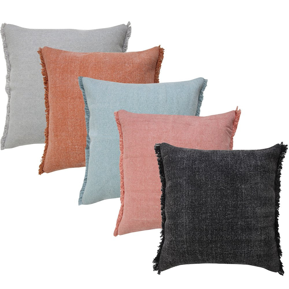 Muted Black Solid Stonewash Throw Pillow with Fringe