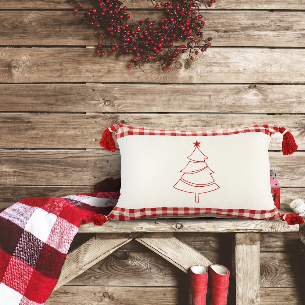 Merry Cotton Poly Filled Pillow in White/Red, 16" x 24"